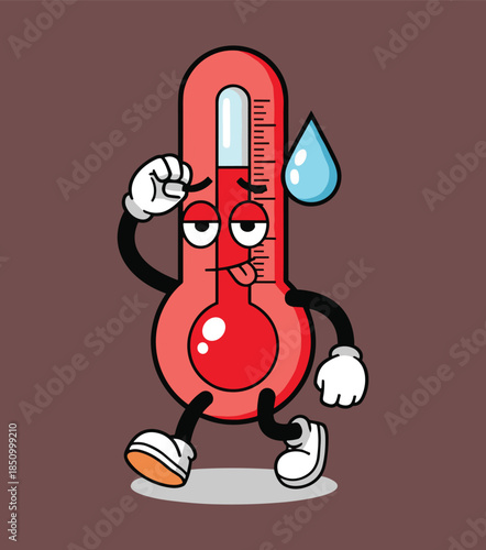 Hot thermometer character, sweating cartoon, heat stroke icon, summer temperature, red thermometer, exhausted face, flat vector illustration