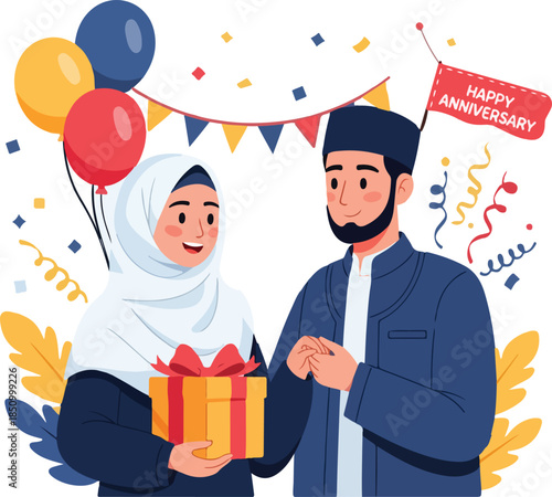 Happy Muslim couple celebrating wedding anniversary with gift and balloons vector illustration.