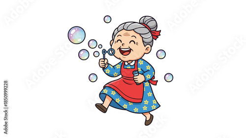 Happy elderly woman blowing bubbles with joy.