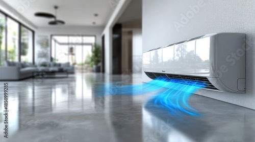 AC unit cooling modern home interior, airflow visualized