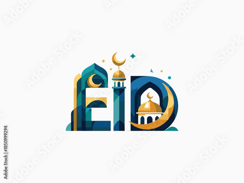 Abstract Eid greeting typography built from mosque arches and crescent 