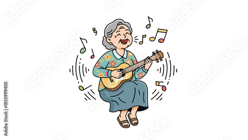 Happy elderly woman playing ukulele and singing with joy.