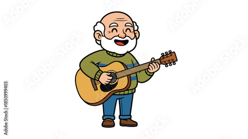 Happy elderly man playing acoustic guitar with joy.