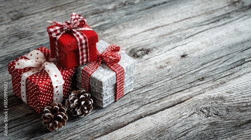 Beautifully wrapped Christmas gifts on rustic wooden background with pinecones