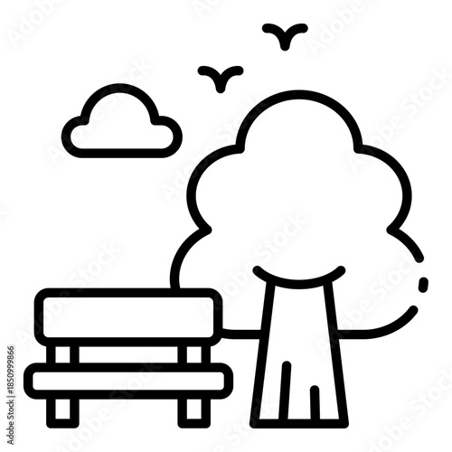 park icon. bench tree. shows outdoor scene. Public area recreation