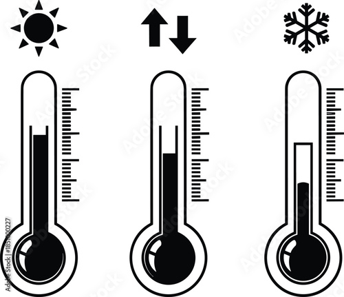 Thermometer icons, hot cold moderate, sun snowflake arrows, temperature levels, weather symbols, climate concept, flat vector illustration