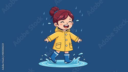 Happy little girl in yellow raincoat jumping in puddles.