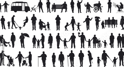 Silhouette people, family interaction, stroller scene, wheelchair use, gardening, umbrella, bus, everyday life, mobility diversity, emotion, care, bonding