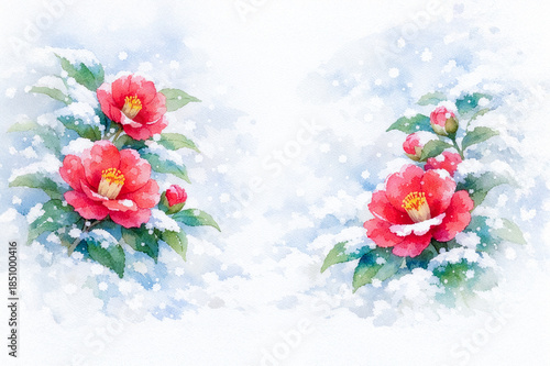 Elegant camellia flowers in snowy winter background illustration