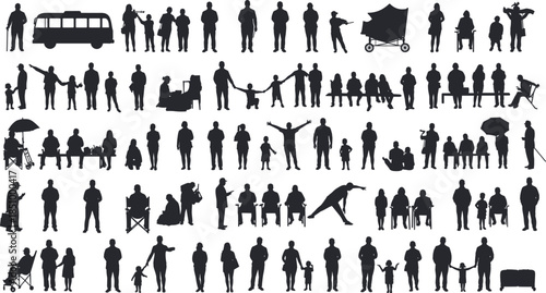 Silhouette people, urban diversity, stroller scene, wheelchair use, walking pose, piano on wheels, dolphin, interaction, emotion, everyday life