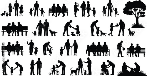 Family silhouette, pet interaction, tree scene, walking pose, bench moment, stroller, bonding, emotion, lifestyle, care, everyday life, play