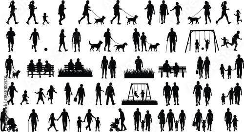 Park silhouette, outdoor activity, walking, jogging, family bonding, stroller scene, dog walking, leisure time, playground, community life, interaction