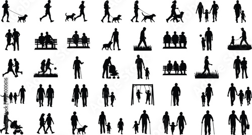 Silhouette people, walking pose, stroller scene, dog walking, jogging, cane use, family bonding, leisure, emotion, care, lifestyle