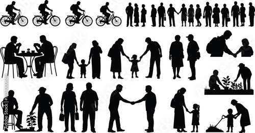 Silhouette people, everyday interaction, family bonding, bicycle ride, gardening, stroller scene, coffee moment, handshake, lifestyle, emotion, urban life