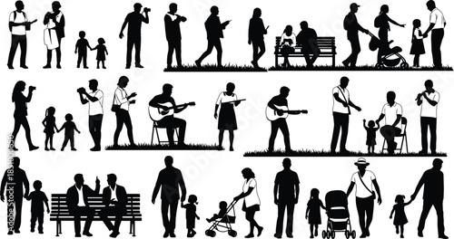 Family silhouette, parenting moment, musical play, stroller scene, reading together, bonding, interaction, lifestyle, emotion, care, everyday life, movement