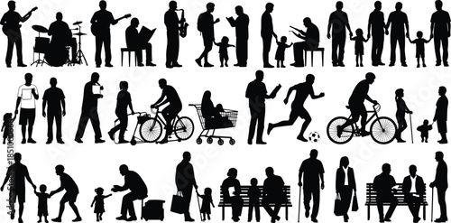 Silhouette people, musical play, reading moment, mobile use, stroller scene, bicycle ride, family bonding, lifestyle, emotion, care, movement