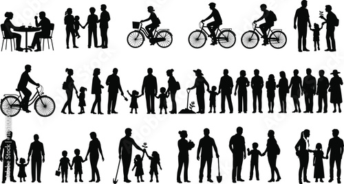 Family silhouette, parenting moment, bicycle ride, gardening scene, dining together, bonding, interaction, lifestyle, emotion, care, everyday life, movement