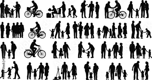 Family silhouette, walking together, parenting moment, bicycle ride, everyday life, bonding, interaction, emotional support, lifestyle scene, generational connection, care