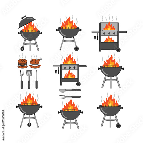 Barbecue grill preparing food and cooking outdoor set