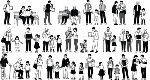 Intergenerational interaction, adult and child bonding, caregiving moments, educational support, family connection, diverse relationships, mentoring, parenting, guidance, 