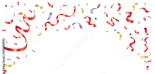 Falling red and gold confetti ribbons border for celebration and party background