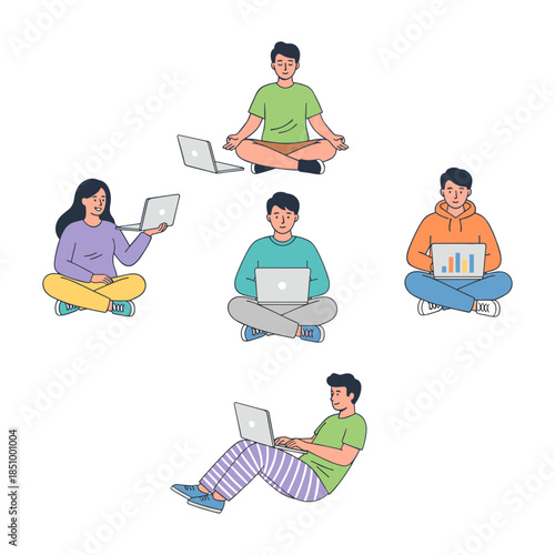 Remote team working and meditating with laptops