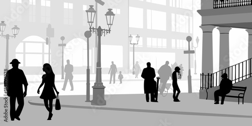 Flat vector silhouette of a busy city lifestyle scene featuring people walking and interacting in an urban environment