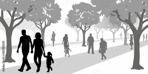 Flat vector silhouette of a peaceful city park scene with adults relaxing, walking, and enjoying the outdoors