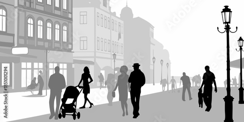 Minimalist flat vector silhouette of people enjoying a modern city lifestyle in a vibrant urban landscape