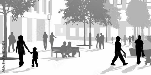 Minimalist urban square silhouette featuring a diverse group of people in a modern city center environment