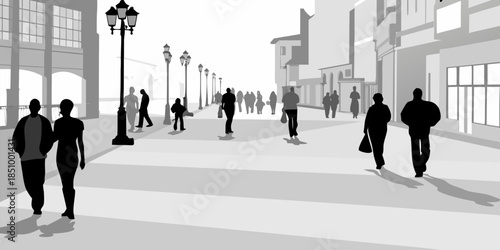 Minimalist city walkway silhouette depicting people walking along a pedestrian path in a modern urban area