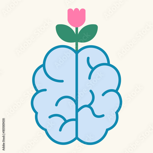 A conceptual vector illustration of a light blue human brain with a pink flower growing from the top, symbolizing mental health, personal growth, mindfulness, and psychological wellness