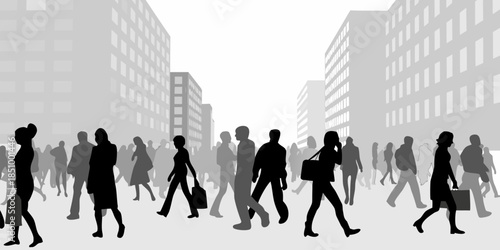 Clean minimalist silhouette of a diverse crowd of people walking through a bustling metropolitan district