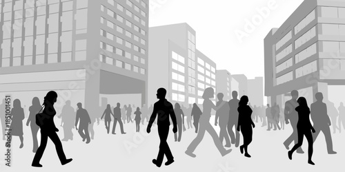 Flat vector silhouette of a large crowd moving through a modern city area, representing busy urban life