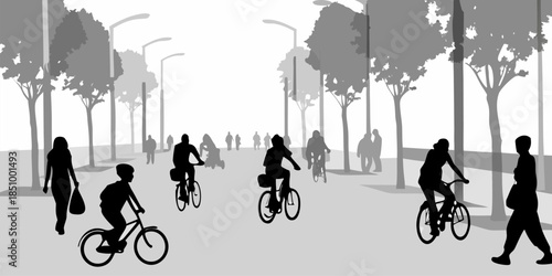 Minimalist urban scene silhouette featuring people riding bicycles and walking in a modern city park or street