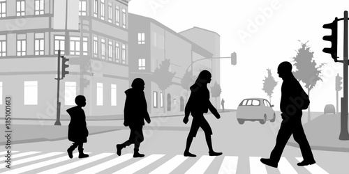 Flat vector silhouette of everyday city movement featuring pedestrians in a modern metropolitan setting.