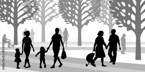 Flat vector silhouette of families and individuals walking together, depicting community and suburban life.