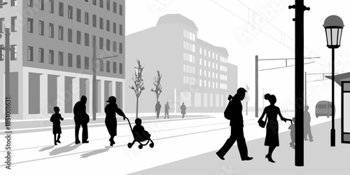 Flat vector silhouette of everyday city movement with people walking and commuting through an urban environment.