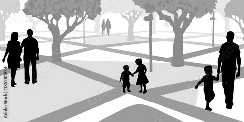 Flat vector silhouette of families and individuals strolling through a public space, showing social connection.