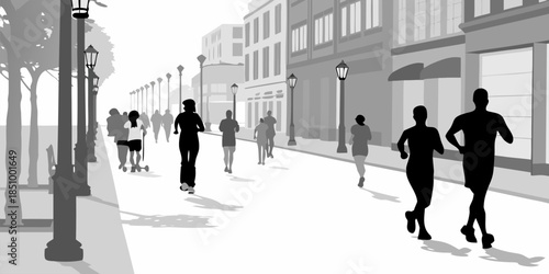 Flat vector silhouette of joggers and walkers sharing a pathway, emphasizing health, fitness, and active lifestyle.