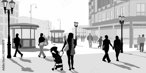Flat vector silhouette of mixed-age pedestrians walking on a sidewalk, showcasing urban diversity and inclusion.