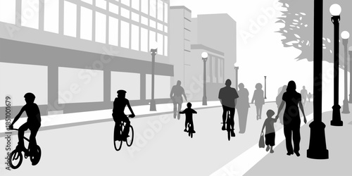 Flat vector silhouette of a modern city greenway with people strolling and enjoying outdoor urban recreation.