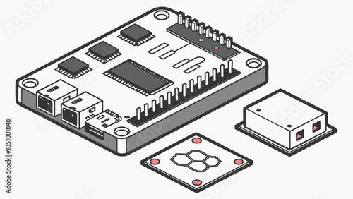 Isometric Technical Illustration of a Micro controller Circuit Board and Modules