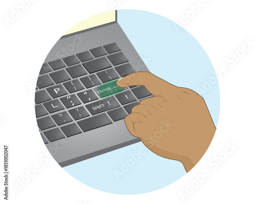 vector illustration design of a hand with the index finger pressing a special key, the enter key on a laptop