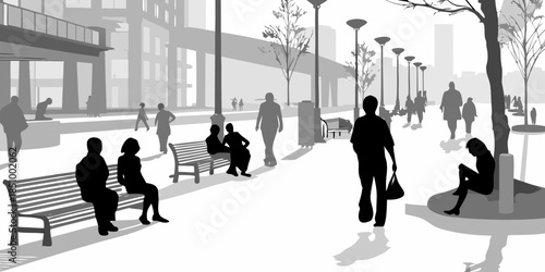 Flat vector silhouette of pedestrians resting and walking, depicting a calm afternoon in a city square.