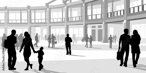 Flat vector silhouette of diverse people commuting in a busy public transit station or airport terminal, modern urban lifestyle concept.