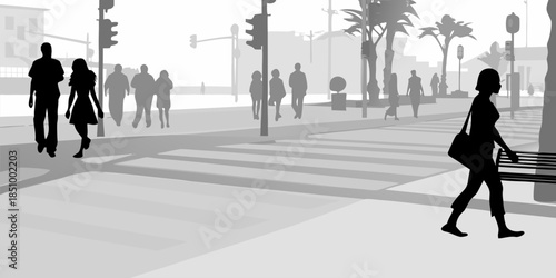 Minimalist vector silhouettes of people enjoying an outdoor space, healthy lifestyle and social interaction in a city park.
