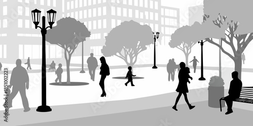 Diverse group of people silhouettes enjoying a pedestrian walkway, modern urban lifestyle and community interaction illustration.