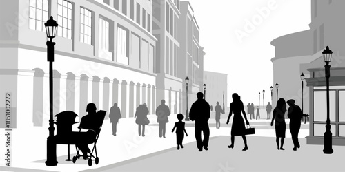 Modern vector silhouettes of people enjoying a pedestrian street, urban activity and city center motion concept.