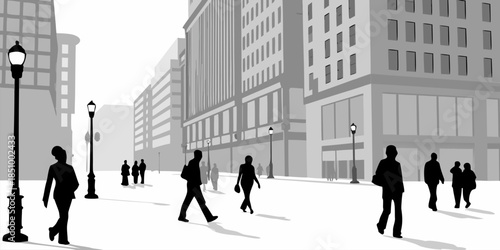 Minimalist vector silhouettes of people moving through a modern space, urban transit and commercial lifestyle illustration.